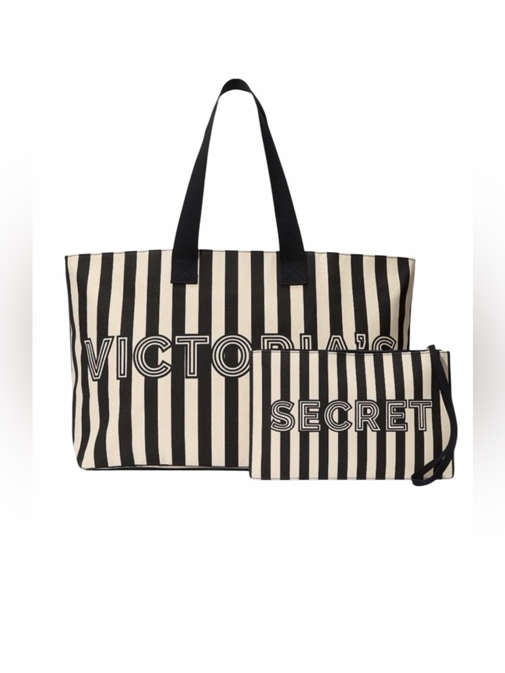 Victoria’s Secret Canvas Stripe Black Cream Tote Bag & Wristlet Set NWT